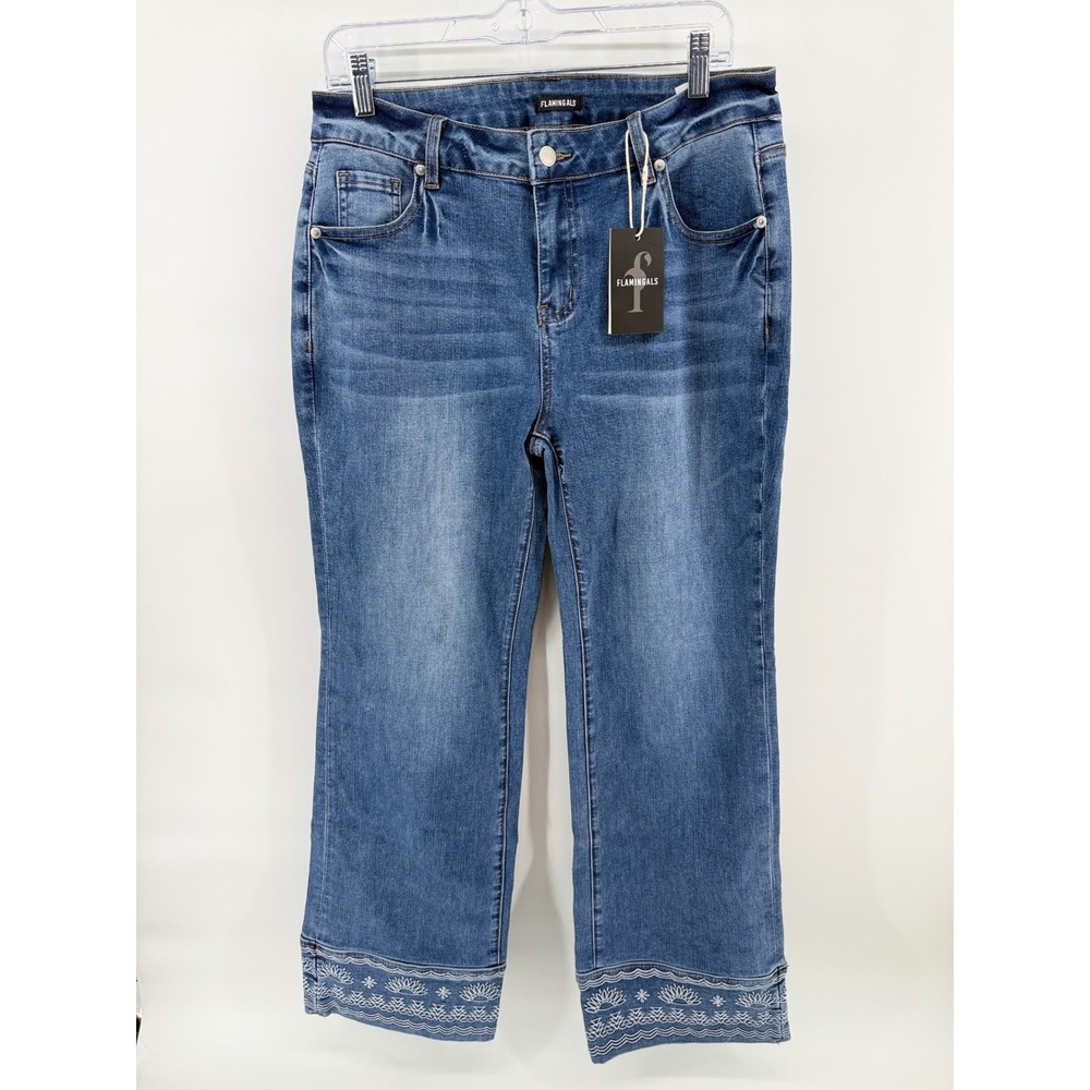 Flamingals Womens XL Blue Jeans Embroidered Hem Cropped Wide Leg NWT